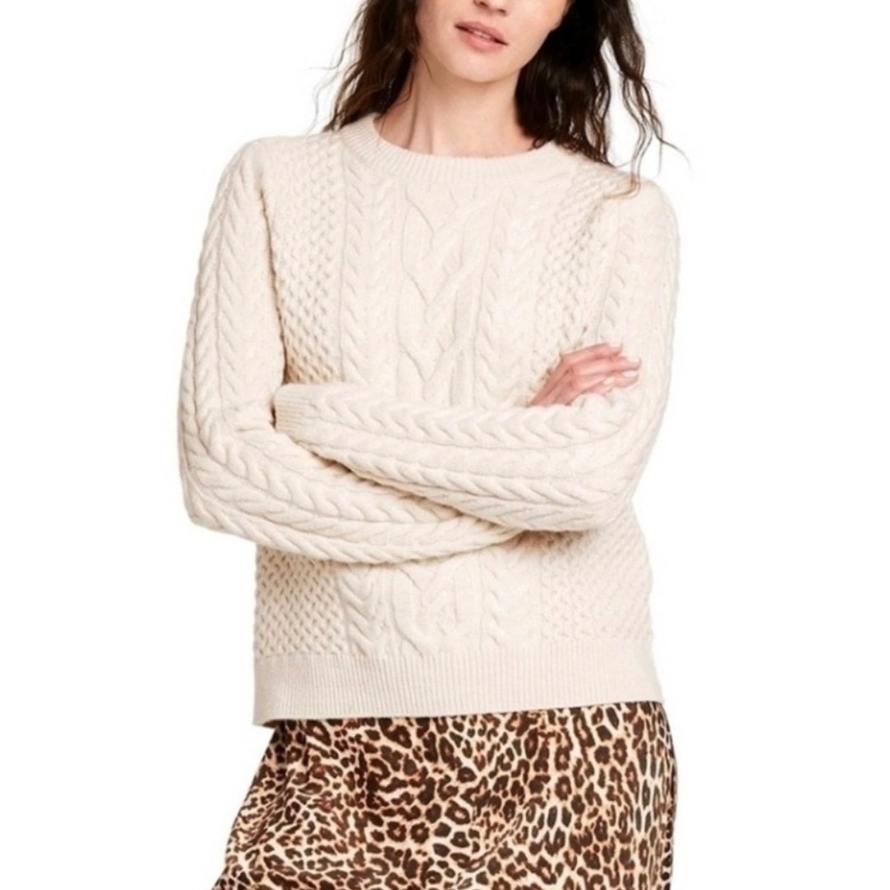 Nili Lotan Target Ivory Wool Blend Cable Knit Sweater Large